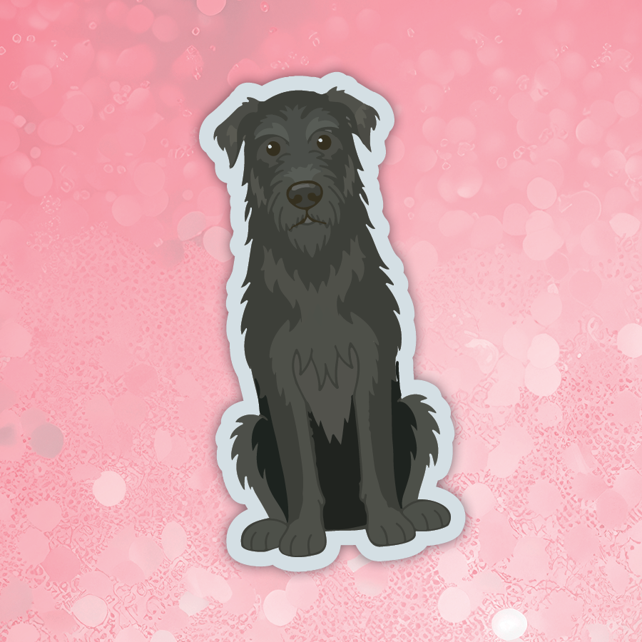 A die-cut sticker featuring a cartoon-style illustration of a black dog sitting down, shown against a pink bokeh background.