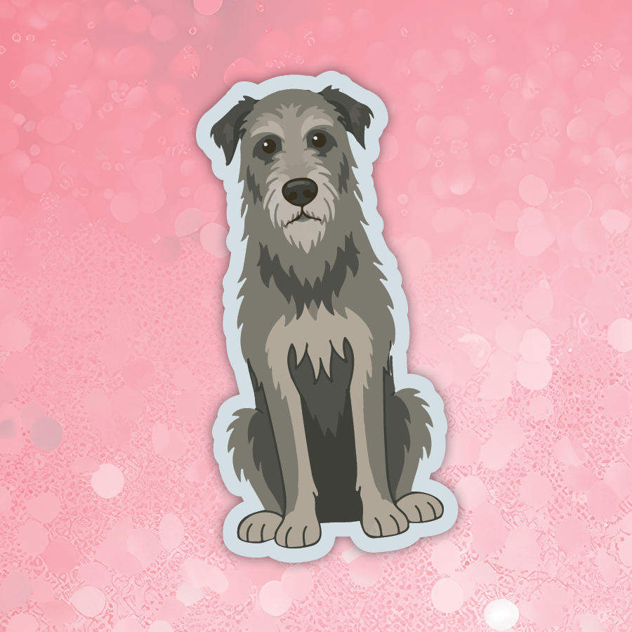 A die-cut sticker featuring a stylized illustration of a gray and black wire-haired dog sitting down, shown against a pink bokeh background.