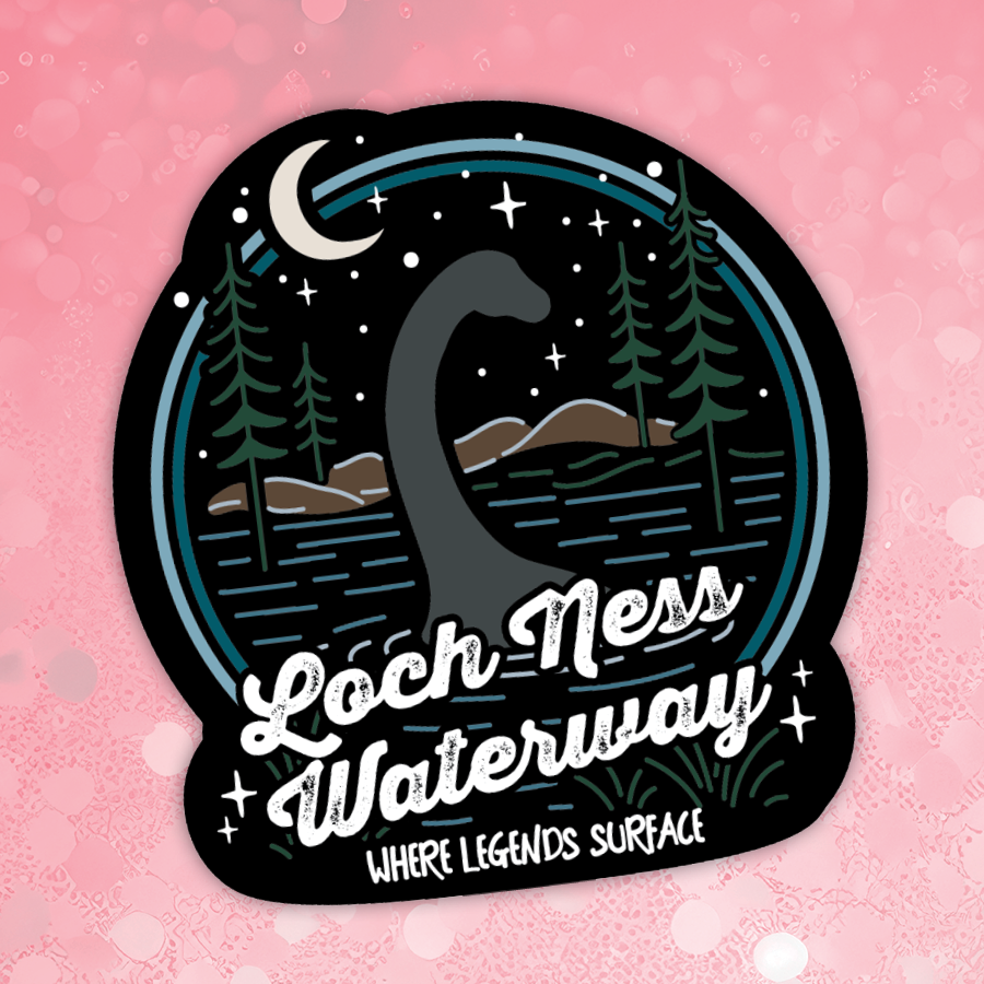 Sticker of Loch Ness Monster with 'Loch Ness Waterway' text on a pink background