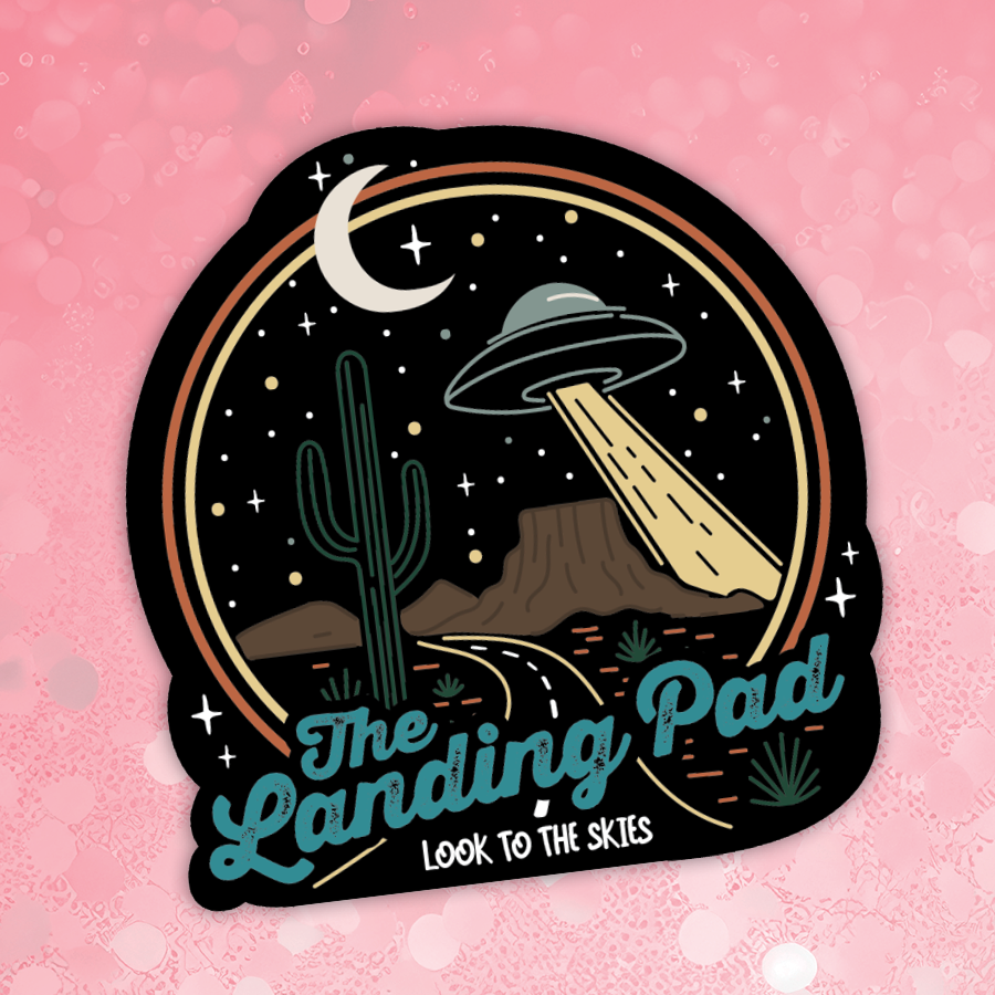 Sticker with UFO and cactus design on a pink background