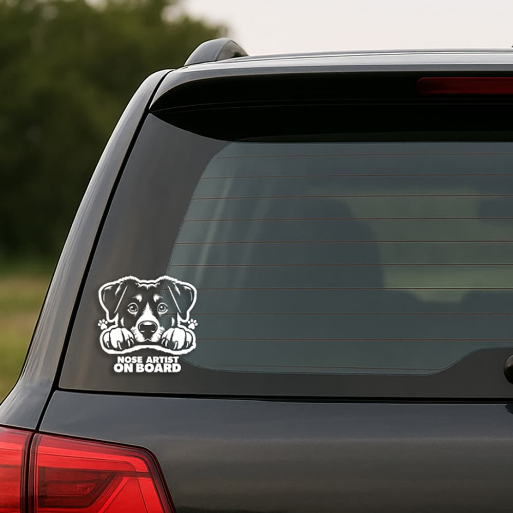 Car window with a dog-themed 'Nose Artist on Board' decal.