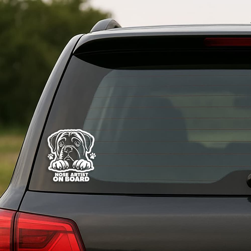 Car window with a dog-themed 'Nose Artist on Board' decal.