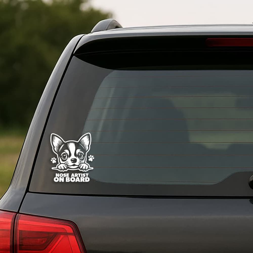 Car window with a dog-themed 'Nose Artist on Board' decal.