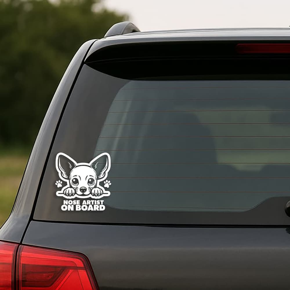 Car window with a dog-themed 'Nose Artist on Board' decal.