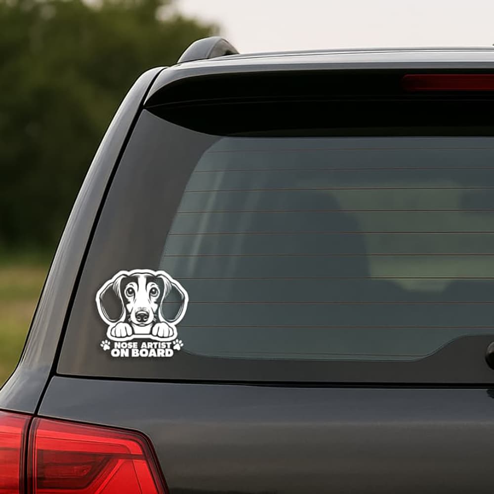 Car window with a dog-themed 'Nose Artist on Board' decal.