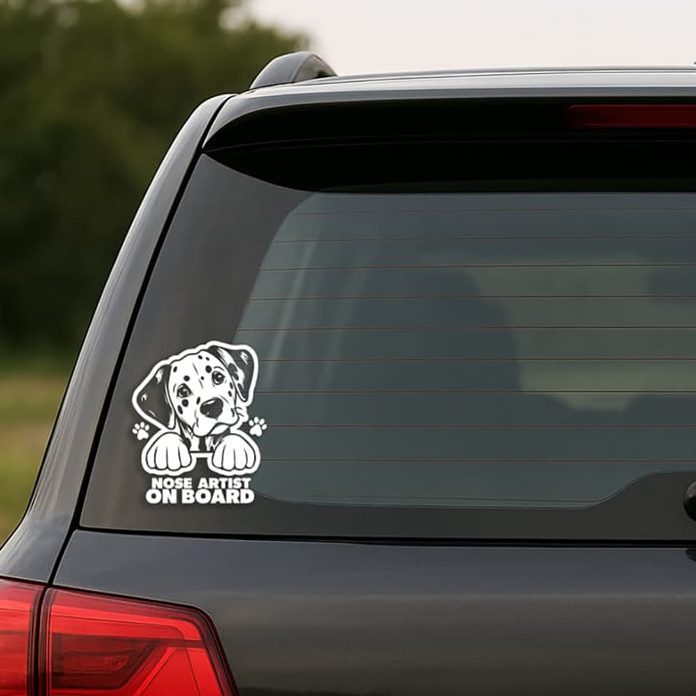 Car window with a dog-themed 'Nose Artist on Board' decal.