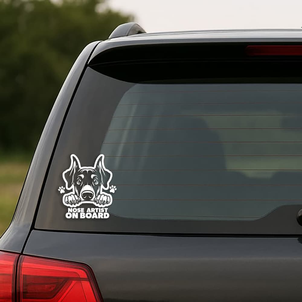 Car window with a dog-themed 'Nose Artist on Board' decal.