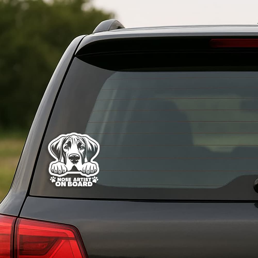 Car window with a dog-themed 'Nose Artist on Board' decal.