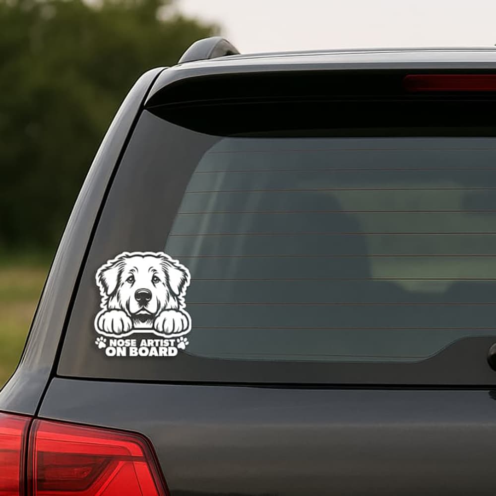 Car window with a dog-themed 'Nose Artist on Board' decal.