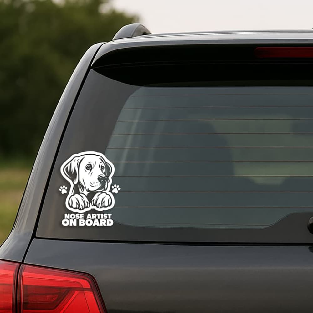 Car window with a dog-themed 'Nose Artist on Board' decal.