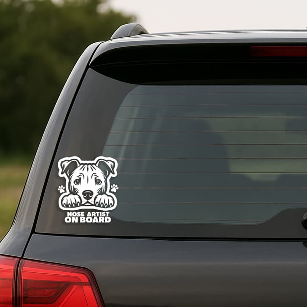 Car window with a dog-themed 'Nose Artist on Board' decal.