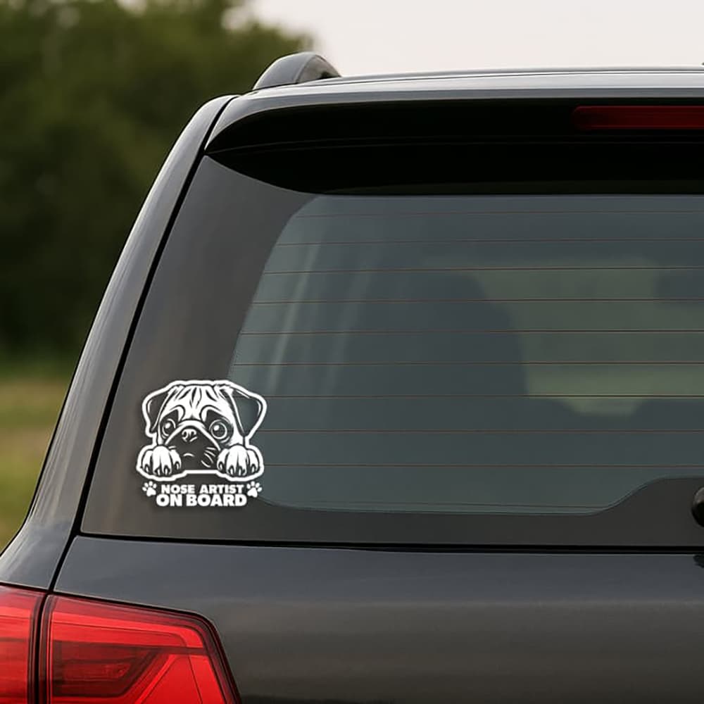 Car window with a dog-themed 'Nose Artist on Board' decal.