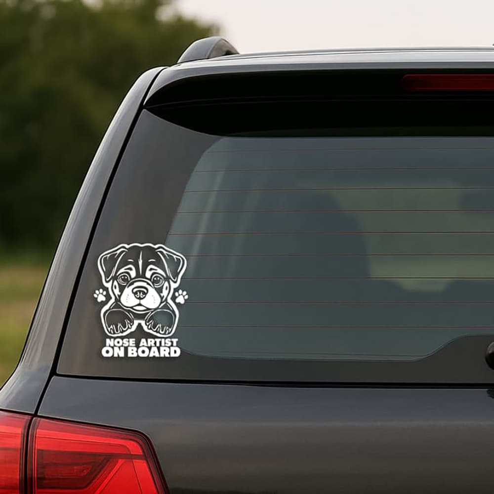 Car window with a dog-themed 'Nose Artist on Board' decal.