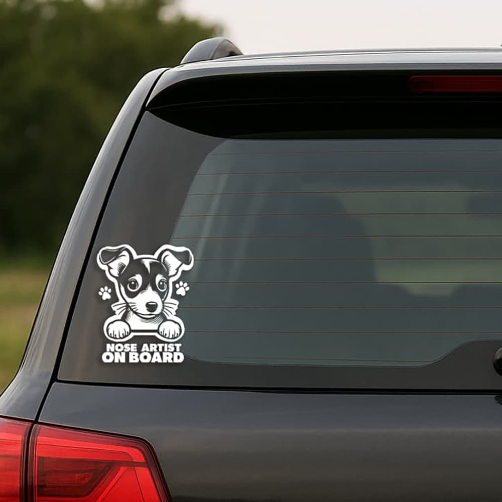 Car window with a dog-themed 'Nose Artist on Board' decal.