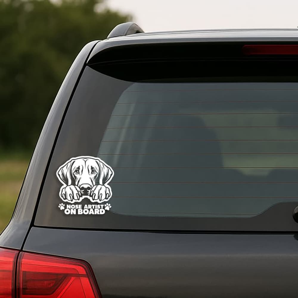 Car window with a dog-themed 'Nose Artist on Board' decal.