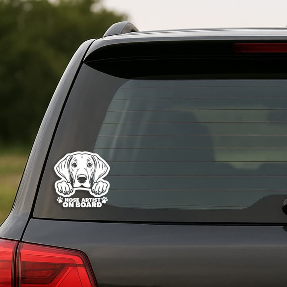 Car window with a dog-themed 'Nose Artist on Board' decal.
