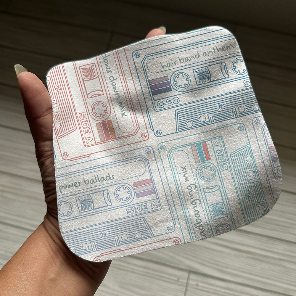 Retro cassette pattern on a screen cloth in hand