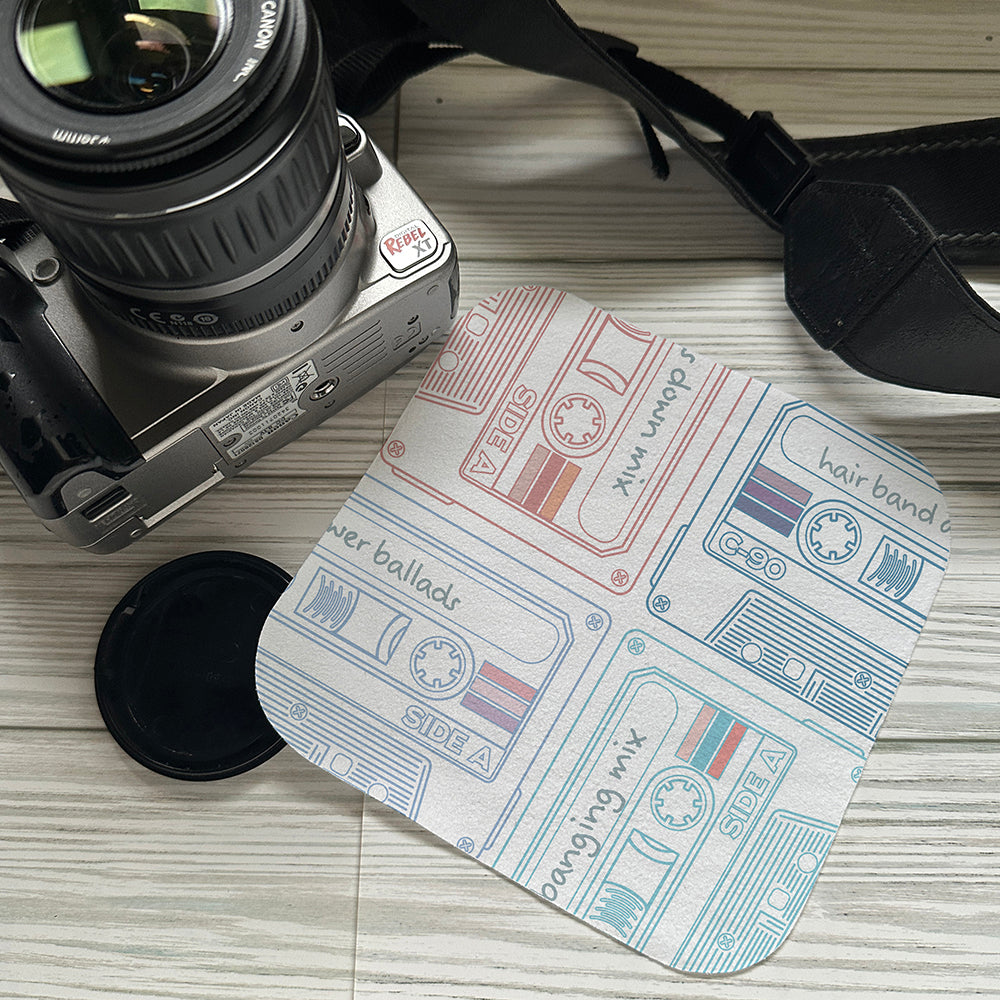 Retro cassette pattern on a screen cloth with a camera