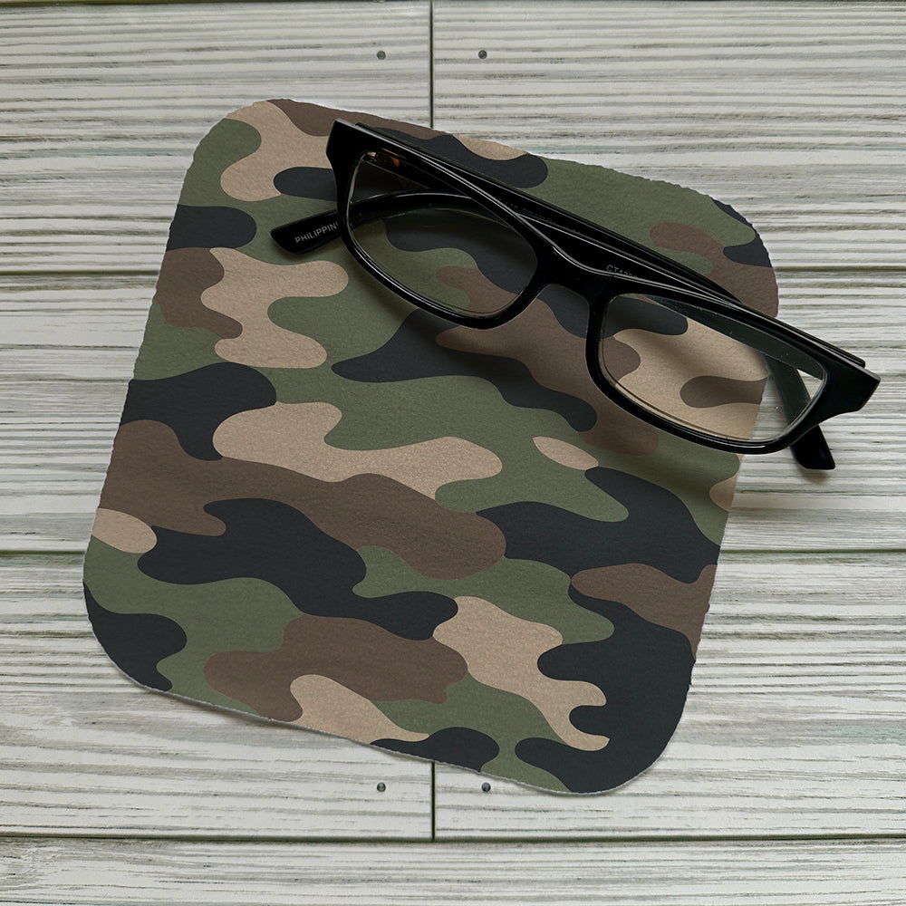 Camouflage pattern on a screen cloth with reading glasses