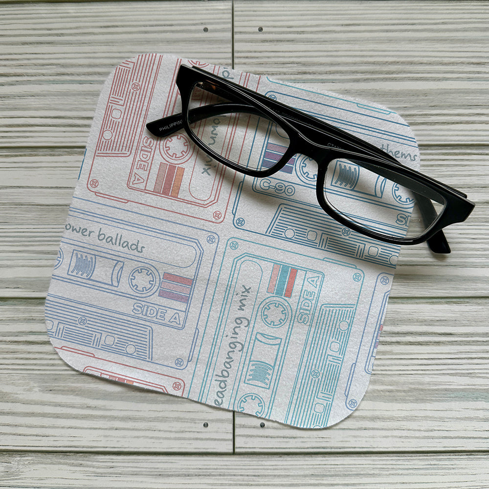 Retro cassette pattern on a screen cloth with eading glasses