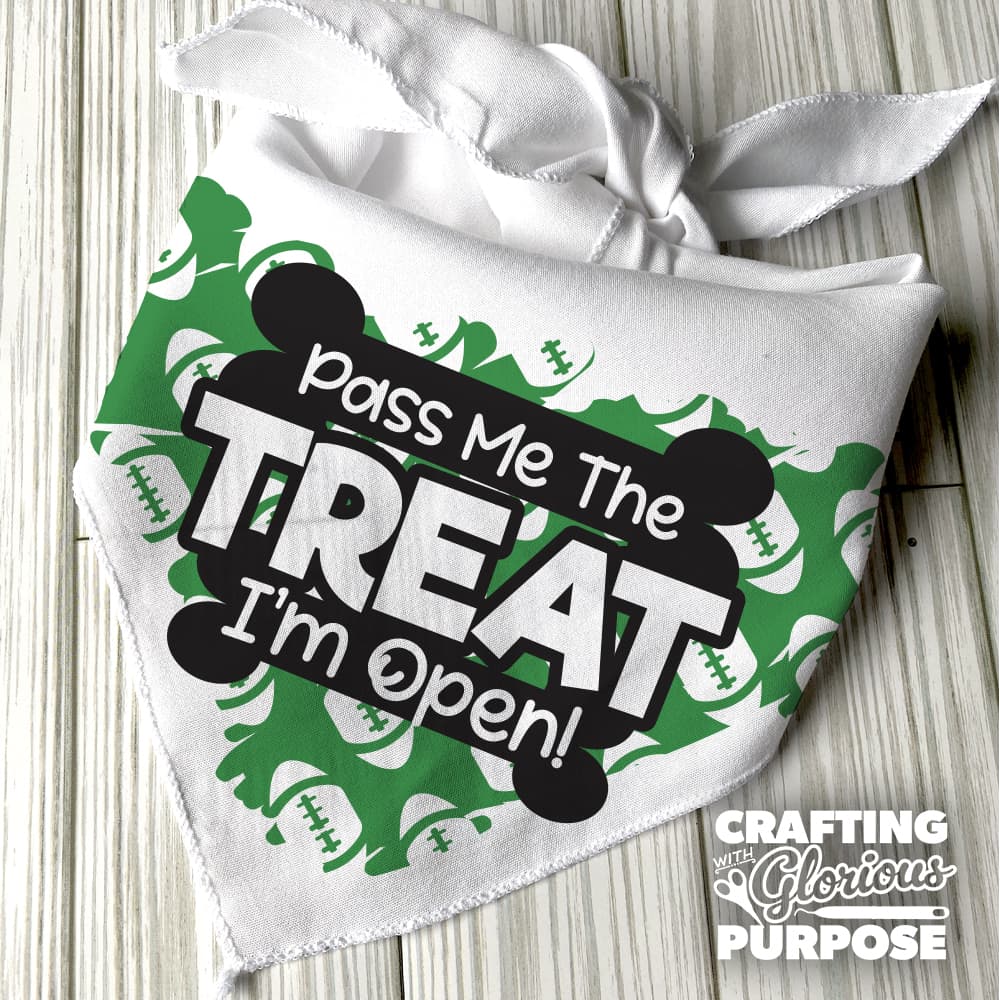Dog bandana with text 'Pass Me The TREAT I'm Open!' on a wooden surface, featuring the brand 'Crafting with Glorious Purpose'.