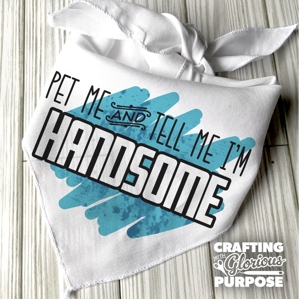 White bandana with 'Pet me and tell me I'm handsome' text on a wooden surface, featuring a white ribbon.