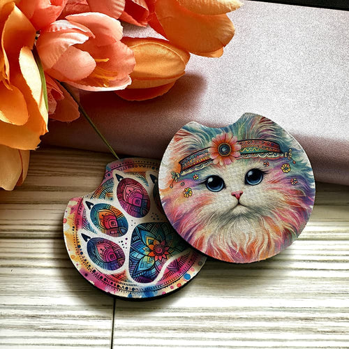 Colorful cat-themed coasters with floral background