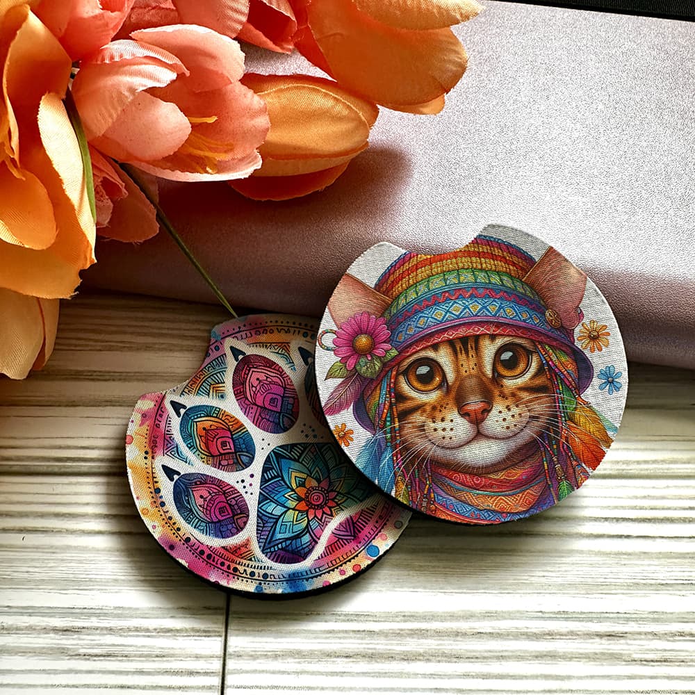 Colorful cat-themed coasters with floral background