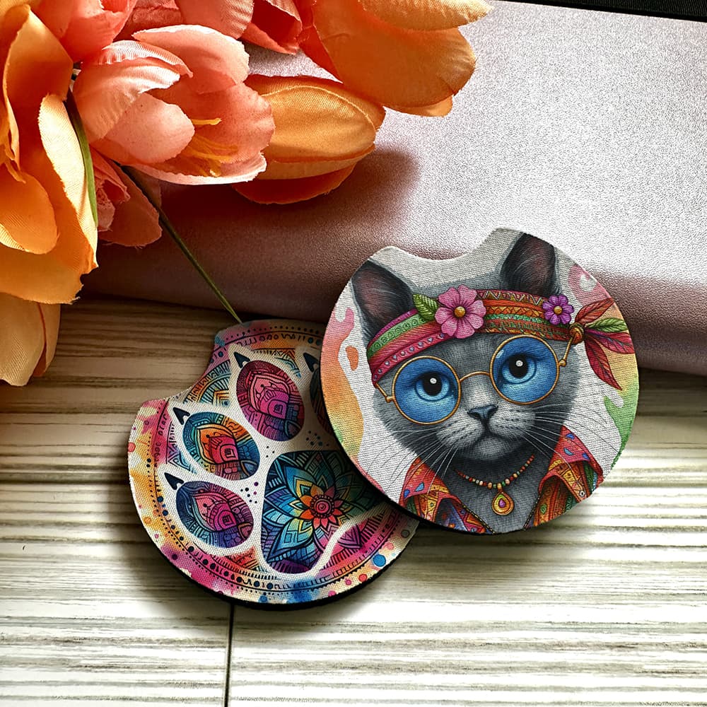 Colorful cat-themed coasters with floral background