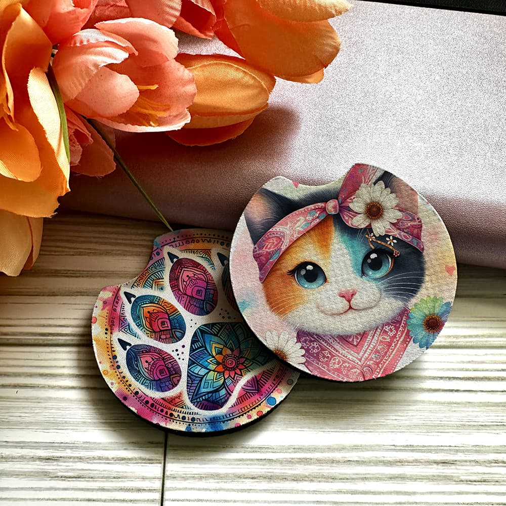 Colorful cat-themed coasters with floral background
