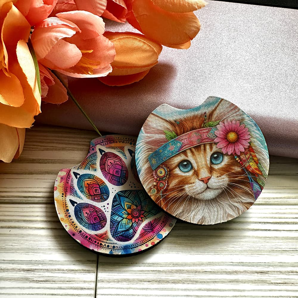 Colorful cat-themed coasters with floral background