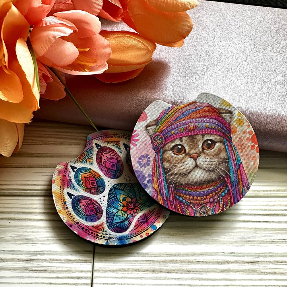 Colorful cat-themed coasters with floral background