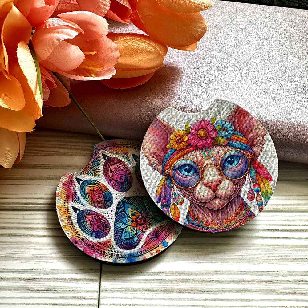 Colorful cat-themed coasters with floral background
