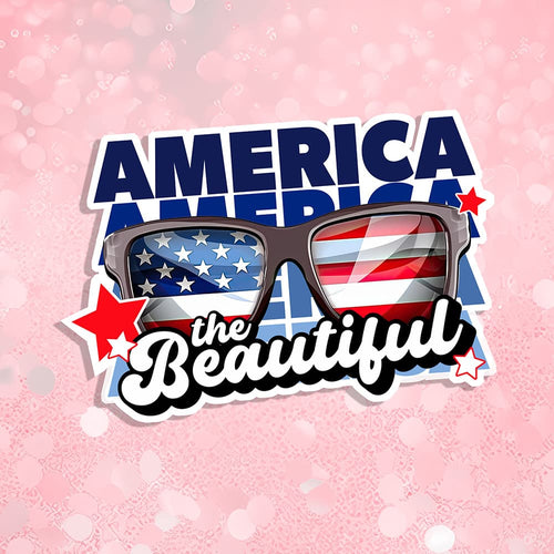 Sunglasses with American flag design and 'America the Beautiful' text on a pink background