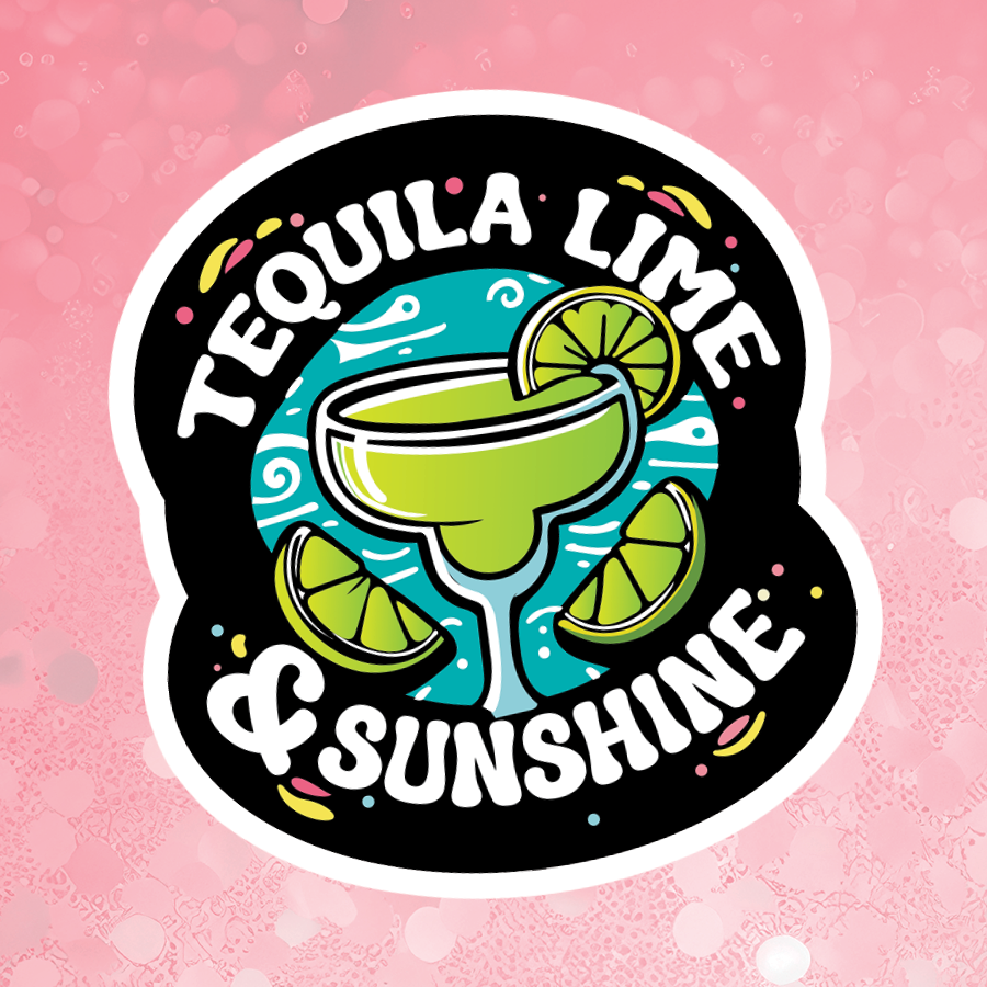 Sticker design with 'Tequila Lime & Sunshine' text and a margarita graphic on a pink background.