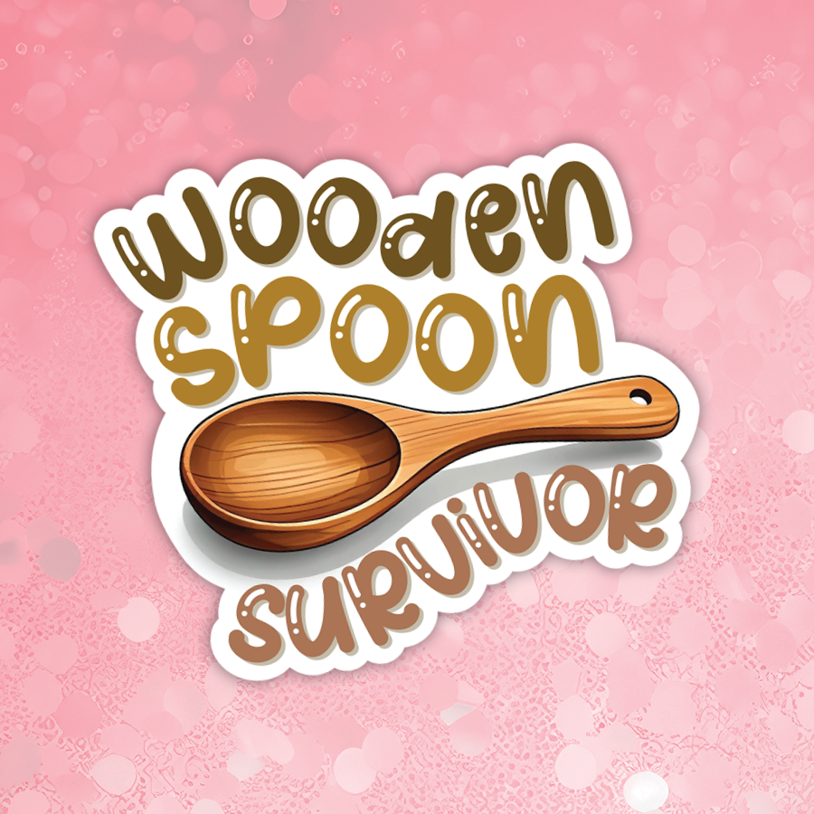 Wooden spoon graphic with 'Wooden Spoon Survivor' text on a pink background