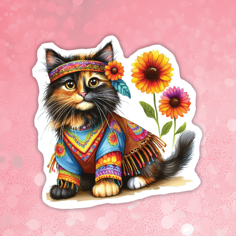 Colorful illustration of a cat in hippie attire with flowers on a pink background