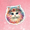Colorful cat illustration with a headband on a pink background