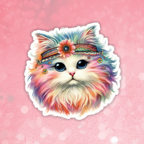 Colorful cat illustration with a headband on a pink background