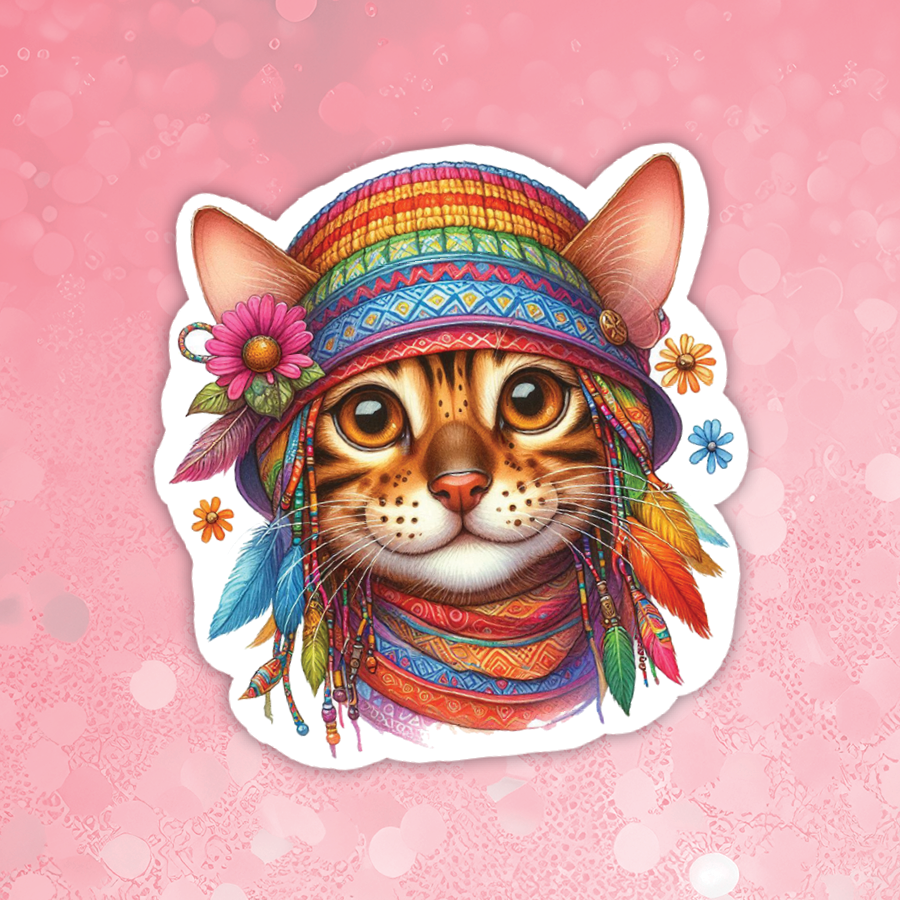 Colorful cat illustration wearing a hat with flowers on a pink background
