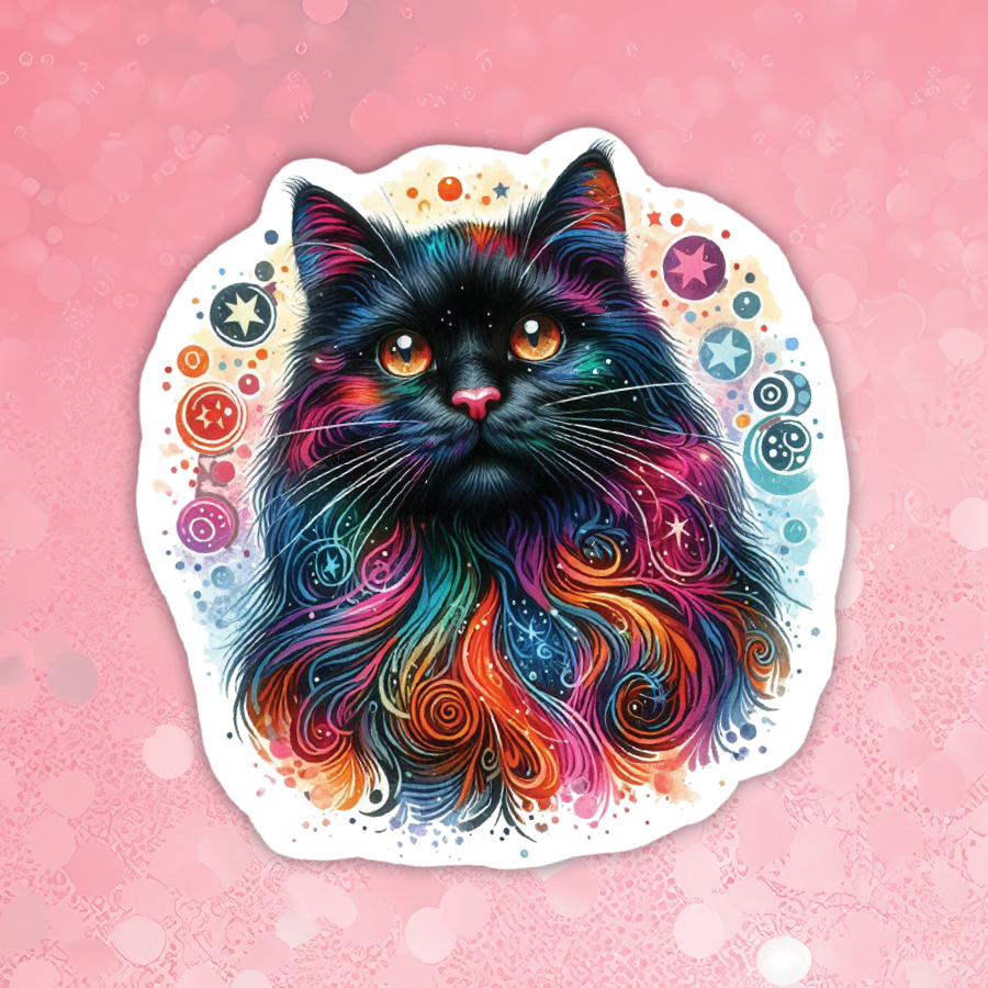 Colorful cat illustration on a pink background