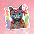 Colorful illustration of a cat wearing glasses and a headband on a pink background
