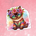 Colorful illustration of a cat wearing a flower crown and rainbow outfit on a pink background
