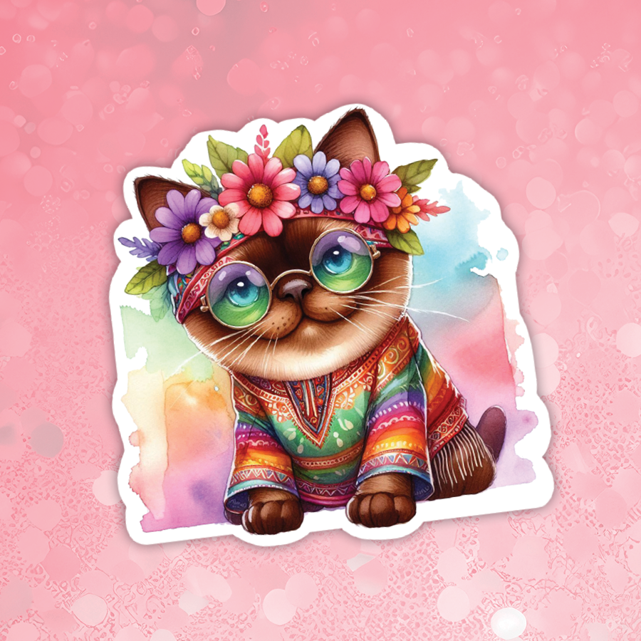 Colorful illustration of a cat wearing a flower crown and rainbow outfit on a pink background