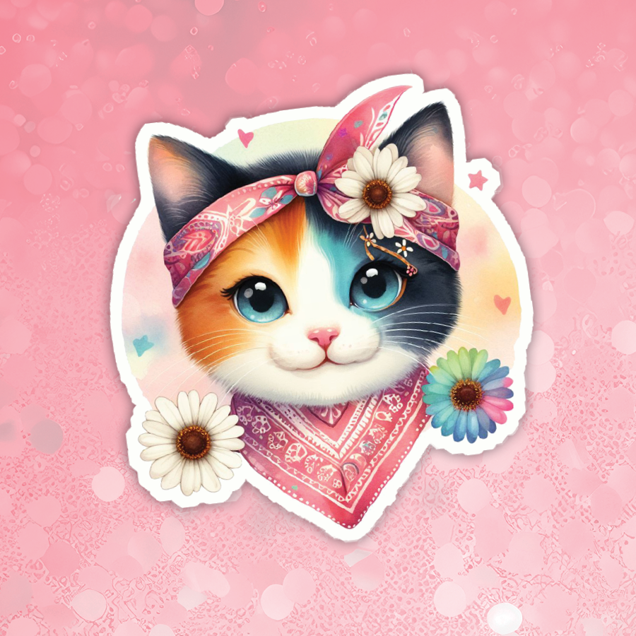 Cartoon cat with a bandana and flowers on a pink background
