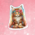 Colorful illustration of a cat with a headband on a pink background