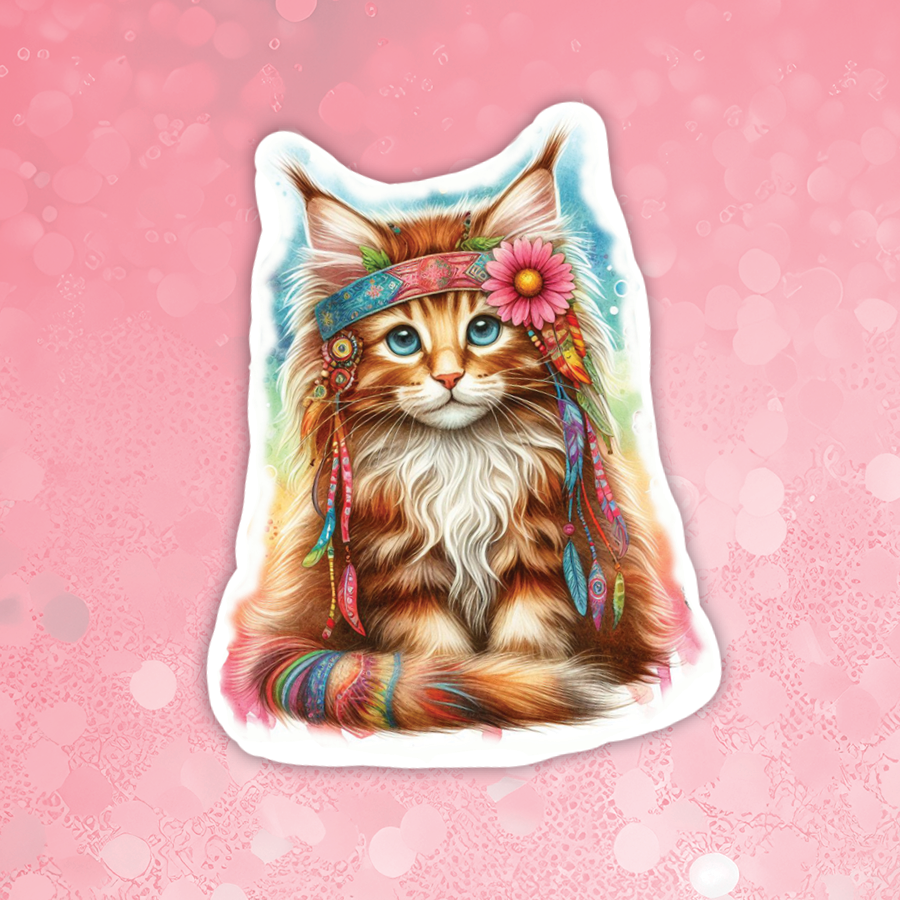 Colorful illustration of a cat with a headband on a pink background