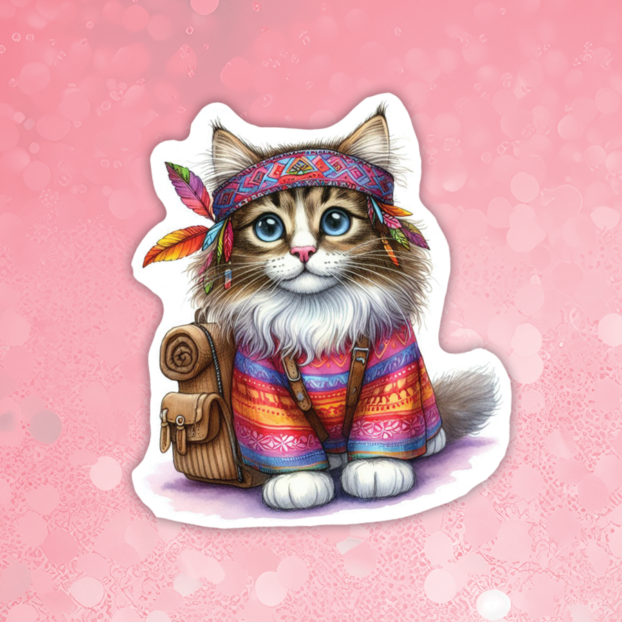Colorful illustration of a cat with a bandana and backpack on a pink background