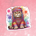 Colorful illustration of a cat wearing a bohemian headband on a pink background with floral designs.