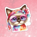 Colorful cat illustration with sunglasses and a headband on a pink background